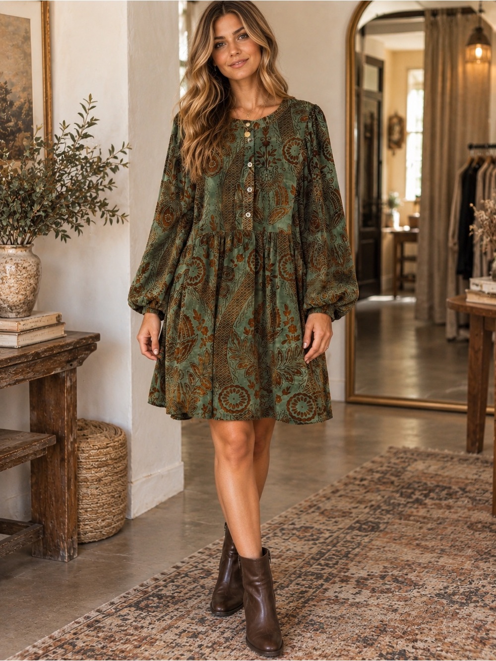 Hudson Gray Green Burnout Velvet Dress L Whimsigoth Damask Boho Balloon Sleeve